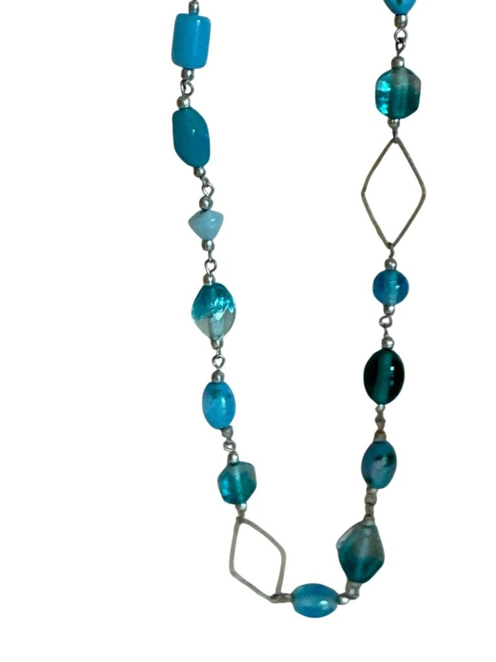 Blue Beaded Necklace  Silver-Tone Geometric Links Fashion Glass Hippie Slide